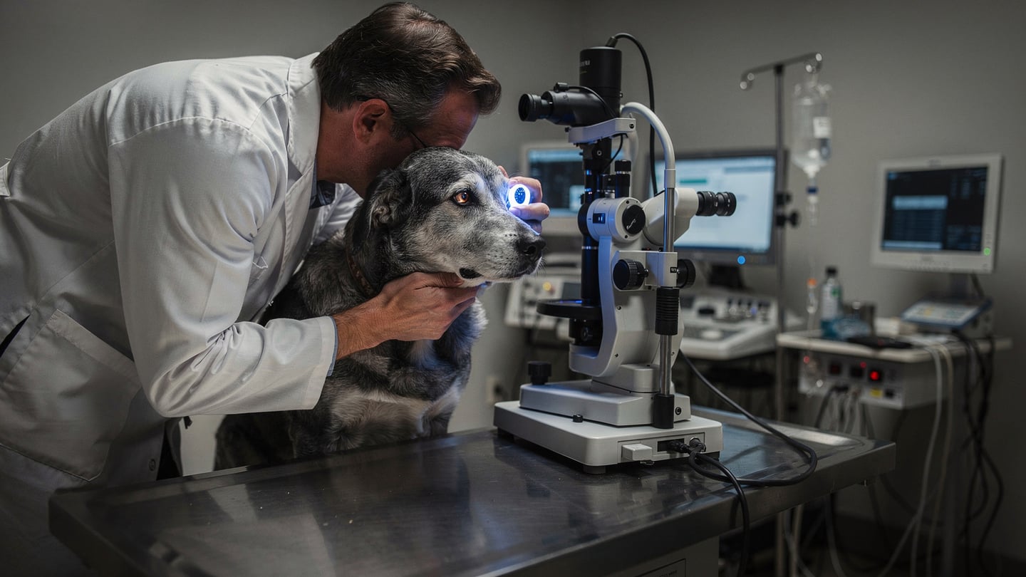 Cataract surgery for dogs — senior dog being examined by veterinary ophthalmologist with slit lamp