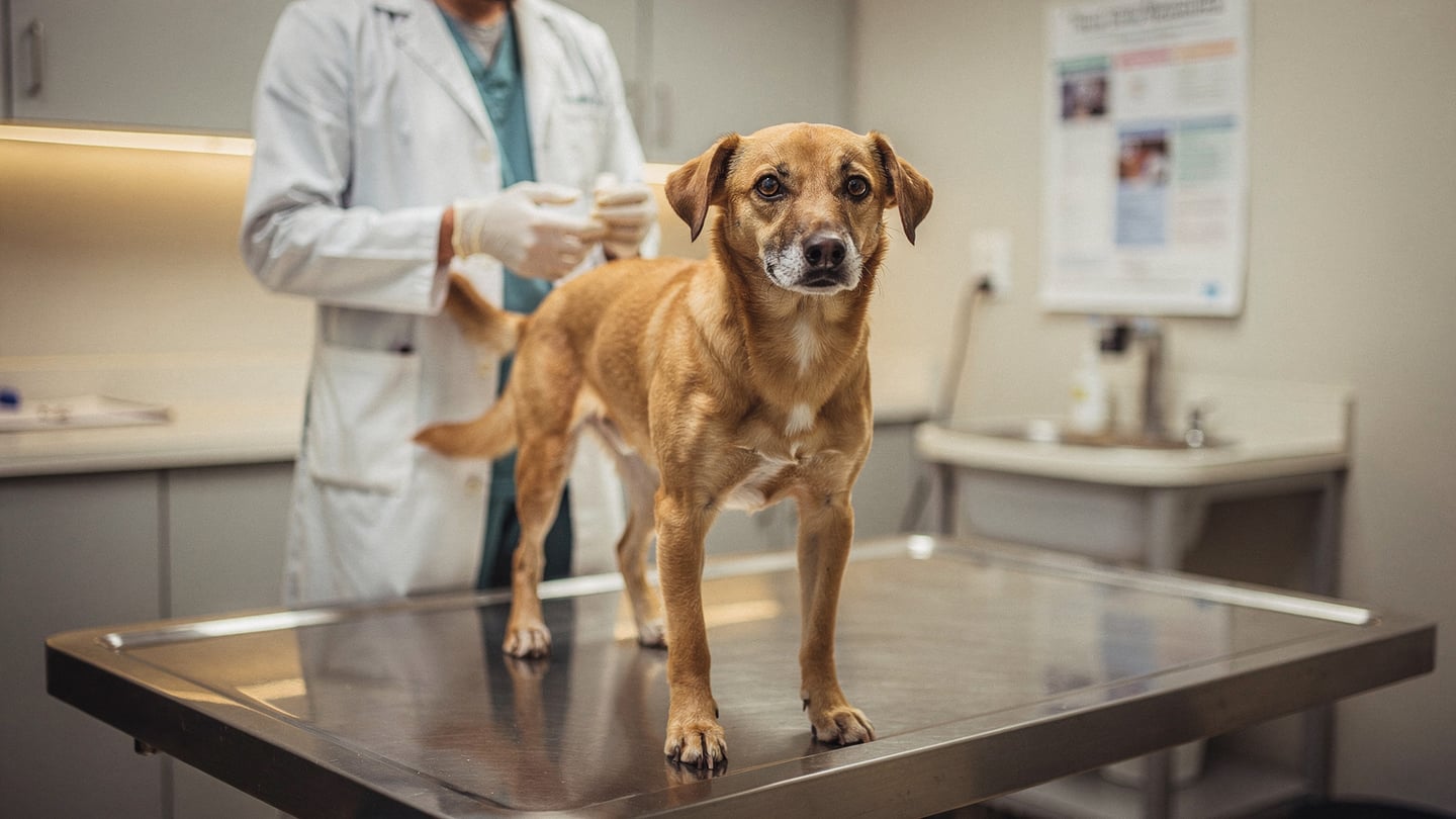 Dog anal gland issues — vet at exam table with calm dog