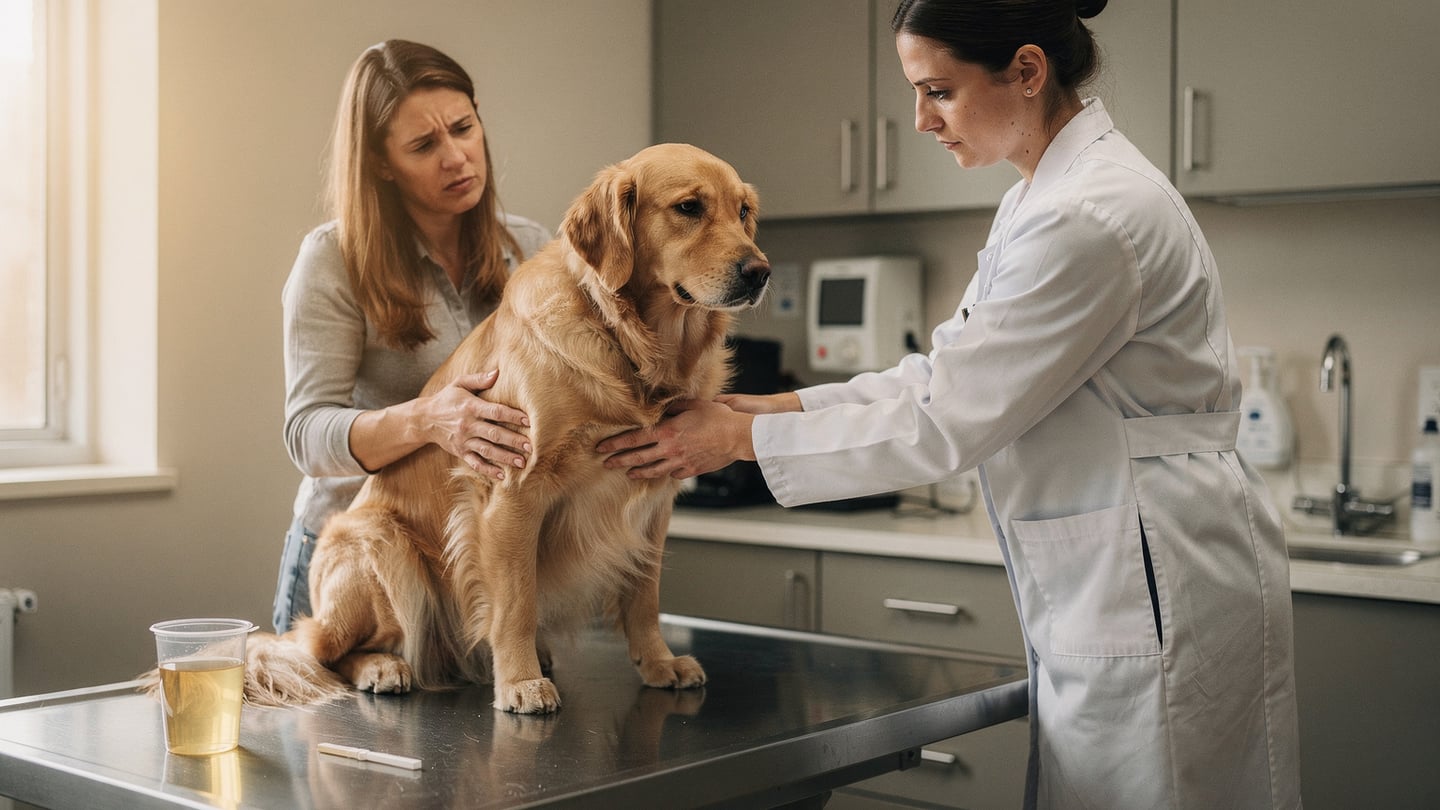 Dog bladder infection — golden retriever at vet exam with urinalysis sample