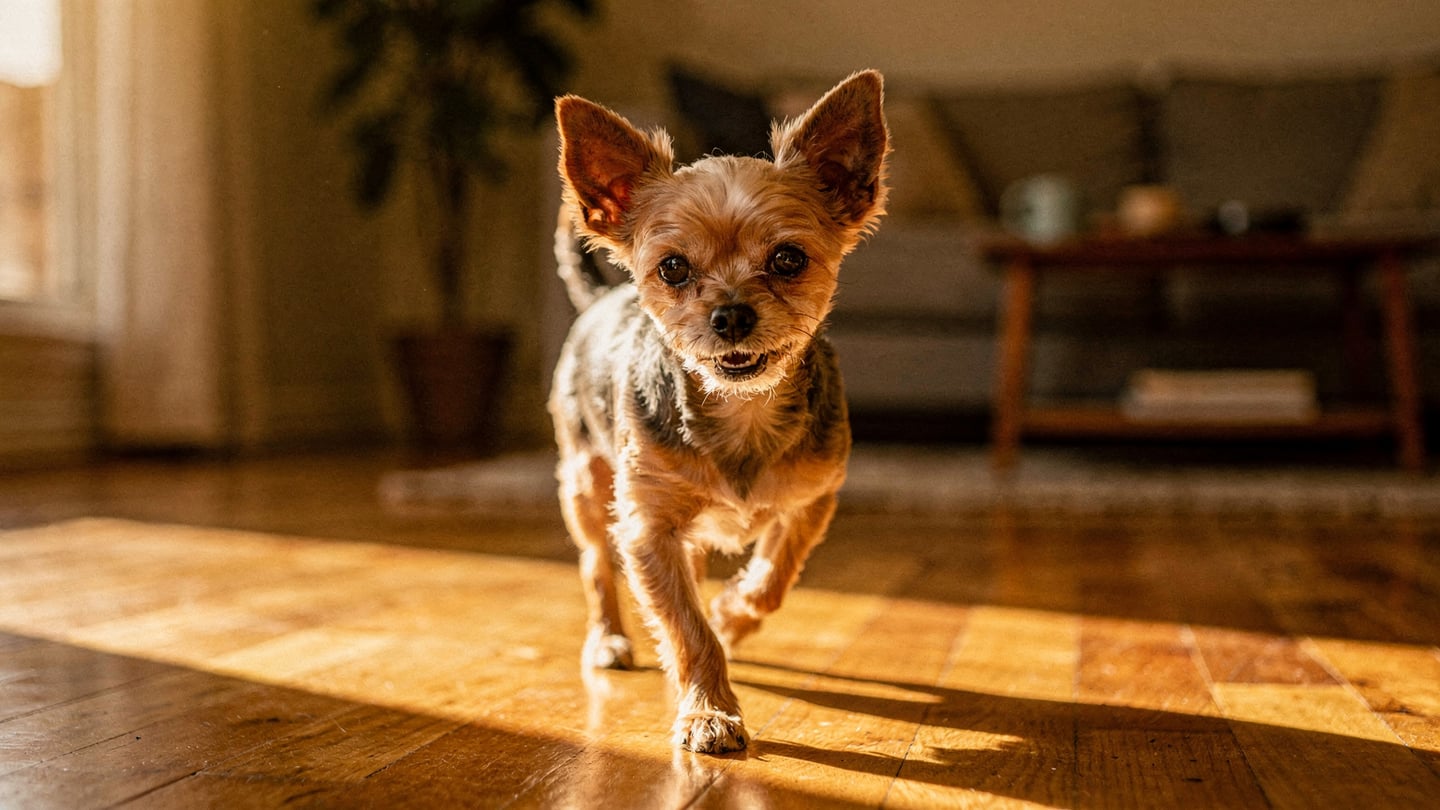 Longest-living dog breeds — senior small dog (Yorkshire Terrier) full of life and energy