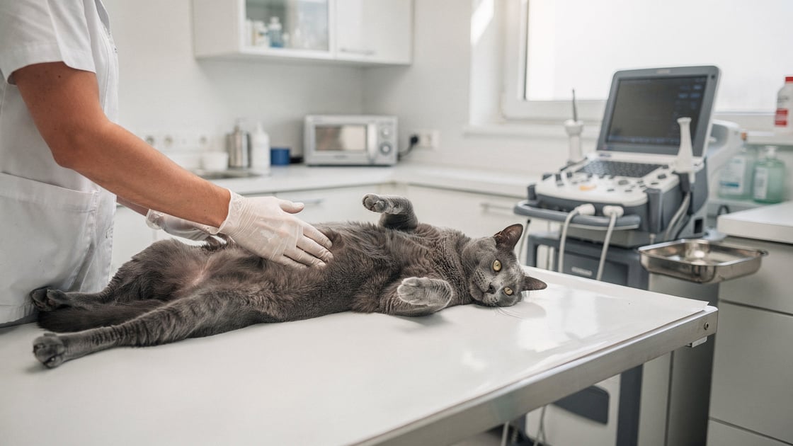 Veterinarian examining a cat with bladder stones using ultrasound in a clinic
