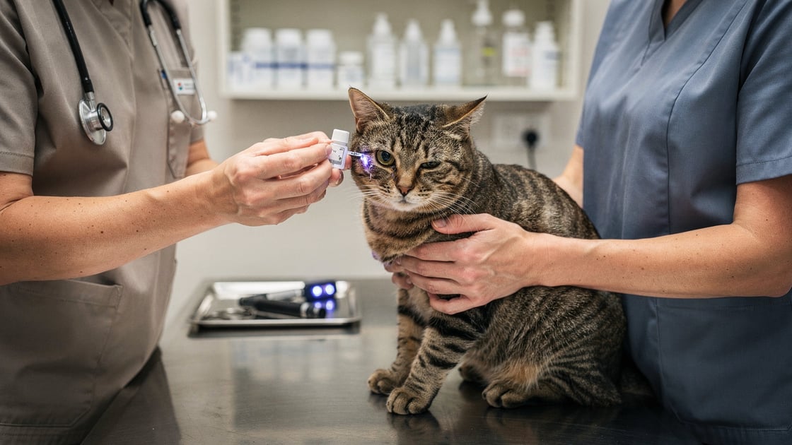 Veterinarian applying fluorescein stain to diagnose a feline eye ulcer