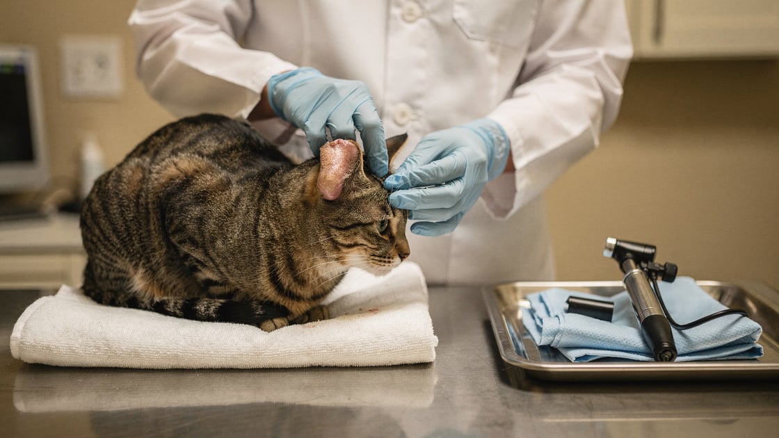 Veterinarian examining a feline ear hematoma in a clinic with otoscope