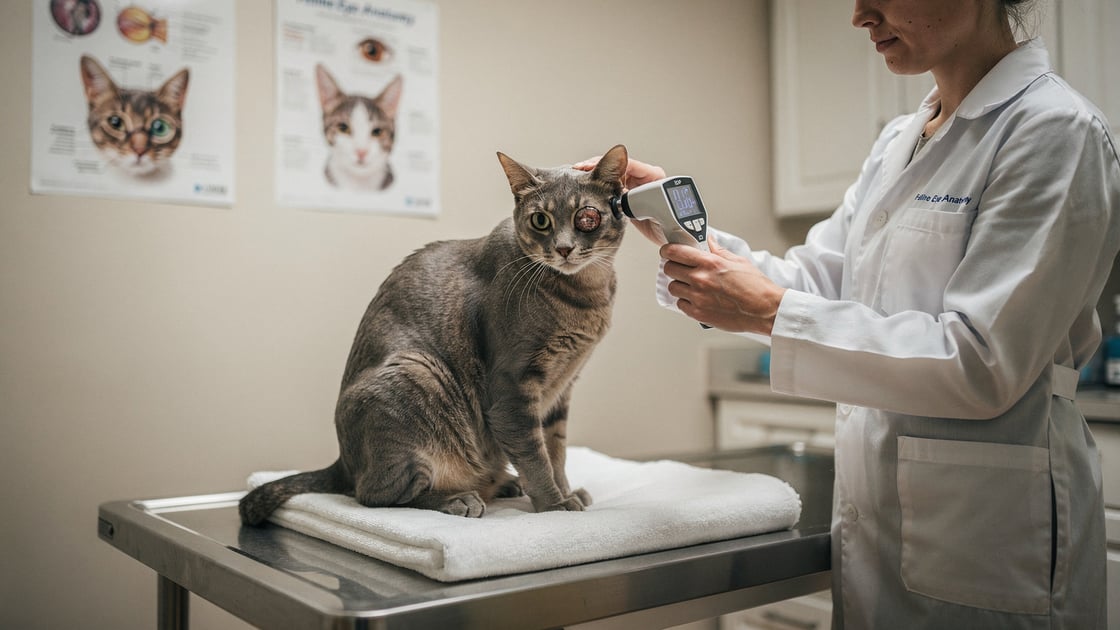 Veterinary ophthalmologist measuring feline intraocular pressure with tonometer