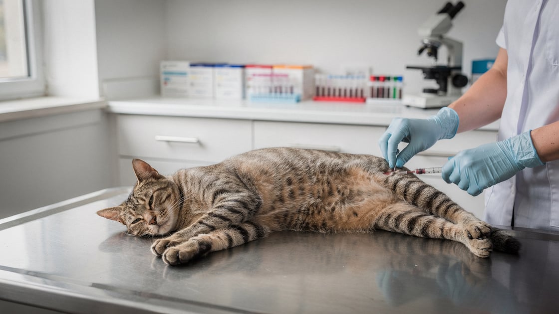 Veterinarian collecting feline blood sample for heartworm testing in a clinic
