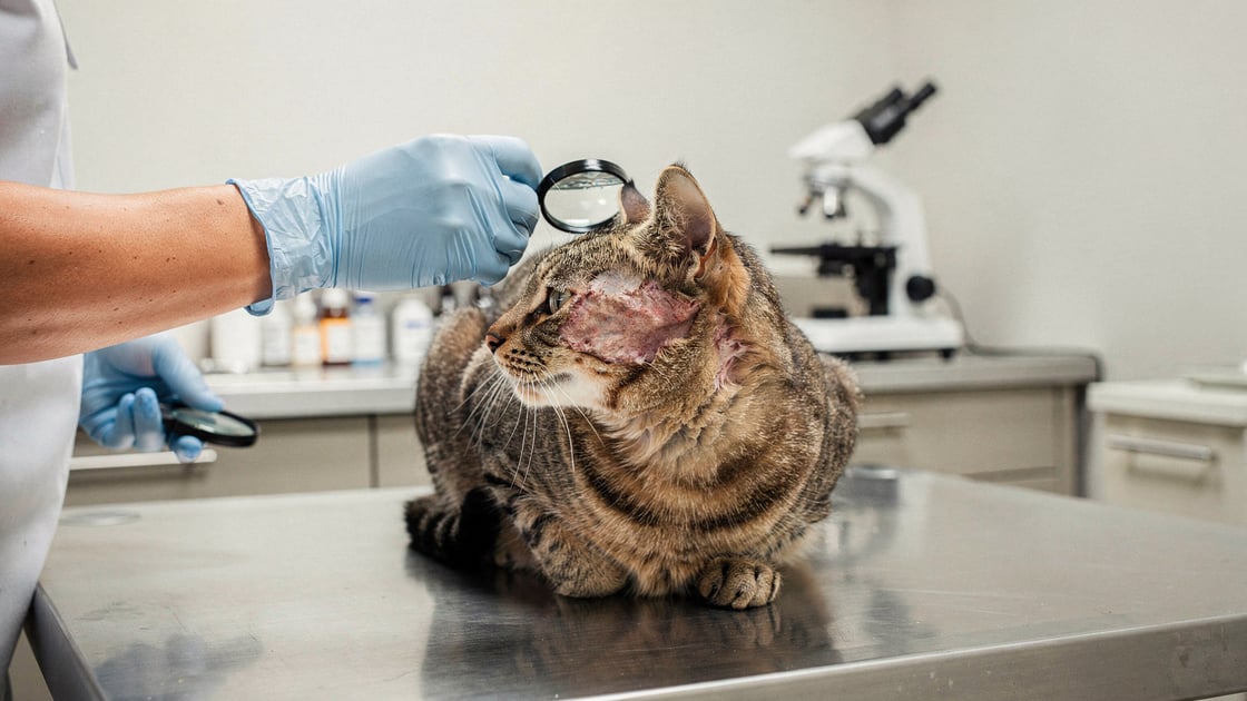 Veterinary dermatologist examining feline mange with magnifying loupe