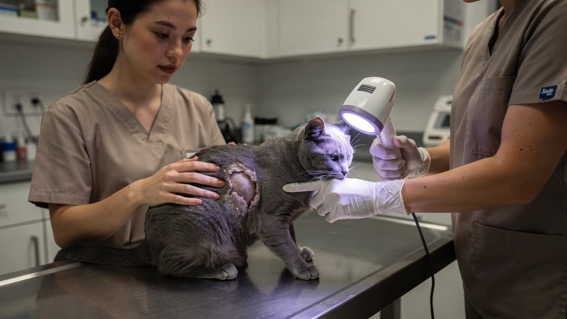 Veterinarian using Wood's lamp to diagnose feline ringworm in clinic