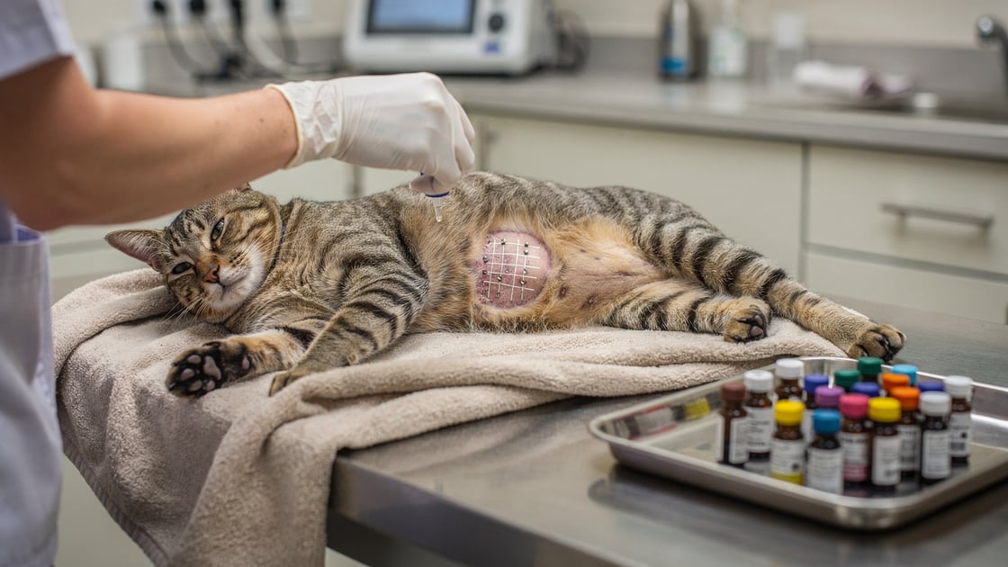 Veterinarian performing feline intradermal allergy testing in dermatology clinic