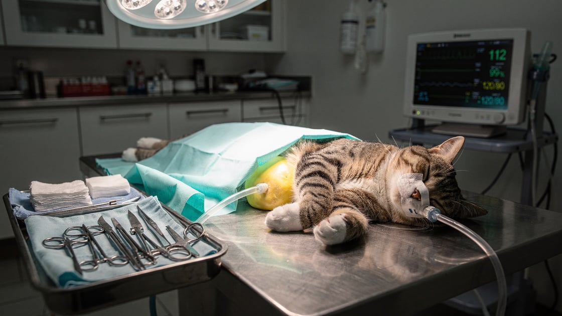 Veterinary surgeon performing feline bladder stone removal surgery